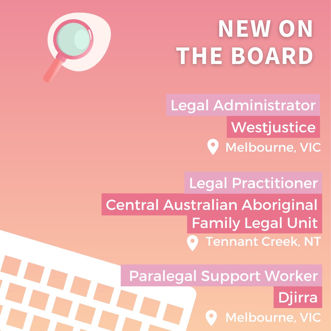 Check out some of the exciting new opportunities featured on our jobs board this week👇 📷

⚖️ WEstjustice, Melbourne, VIC 
🏛️ Central Australian Aboriginal Family Legal Unit, 
Tennant Creek, NT
👩‍🎓Djirra, Melbourne, VIC 

More: sjopps.net.au.    

#Jobs #legal #Justice