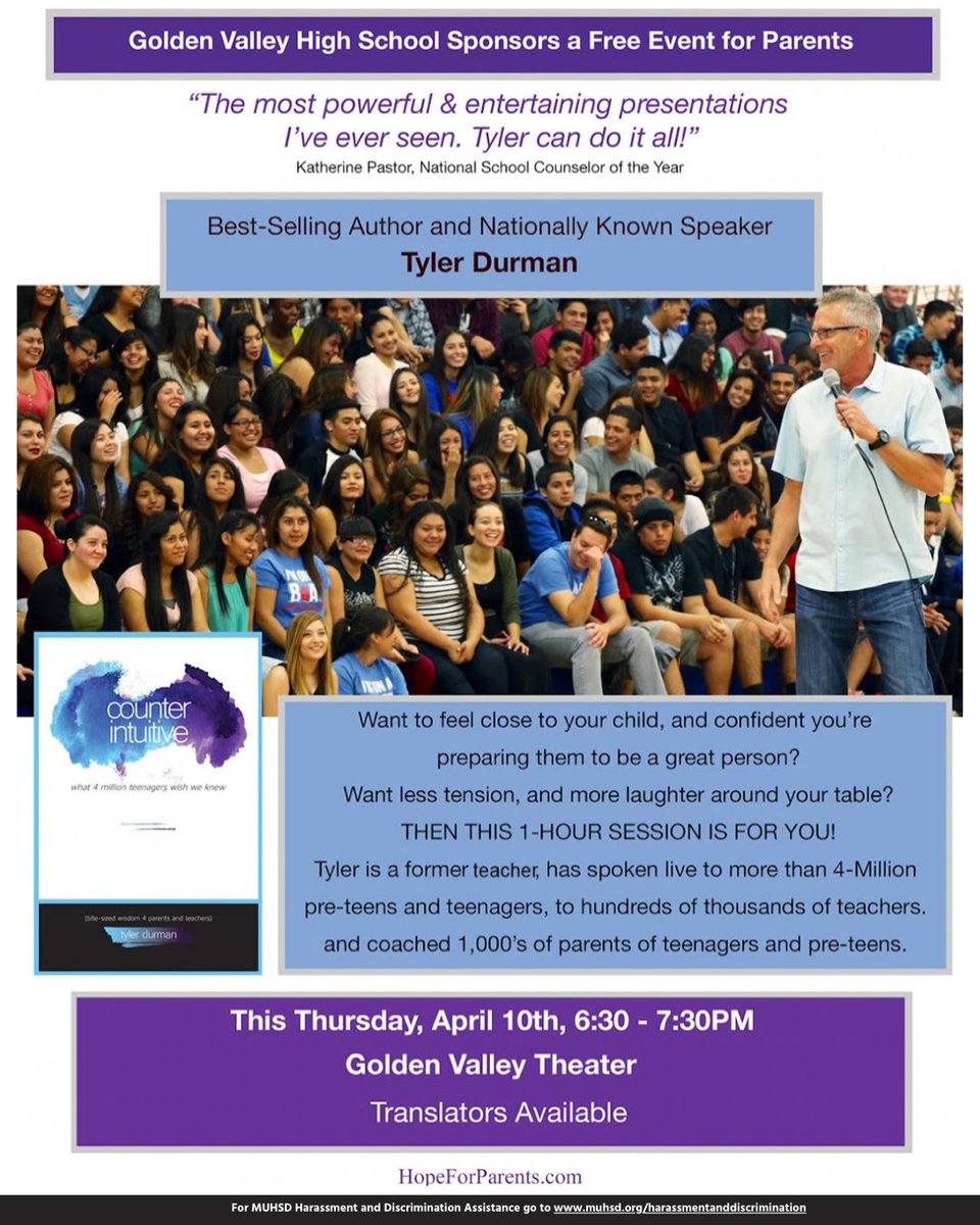 TOMORROW! Parents of Merced Union High School students, don’t miss this exciting, FREE event at Golden Valley High School! Join us at 6:30 PM for an inspiring talk from Tyler Durman, where you'll learn valuable tips to strengthen your bond with your child!