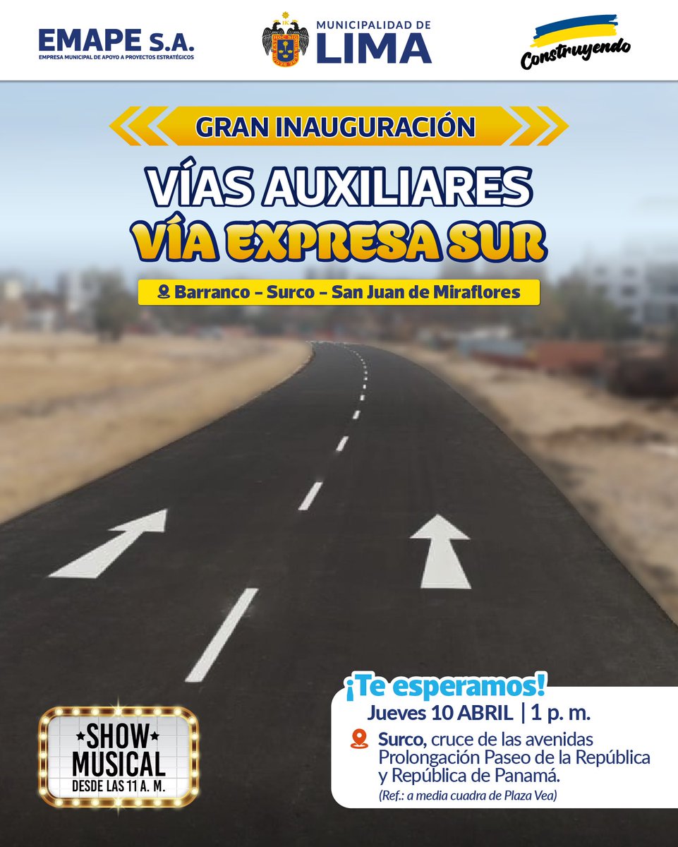 emilimamml's tweet photo. ¡100 % de vías auxiliares asfaltadas en la Vía Expresa Sur!

Este jueves 10 de abril a la 1 p. m. se inaugura un hito clave para Lima: la culminación del asfaltado de las vías auxiliares de la Vía Expresa Sur, una megaobra que conectará Carabayllo y San Juan de Miraflores. https://t.co/6vW7LJkqLI