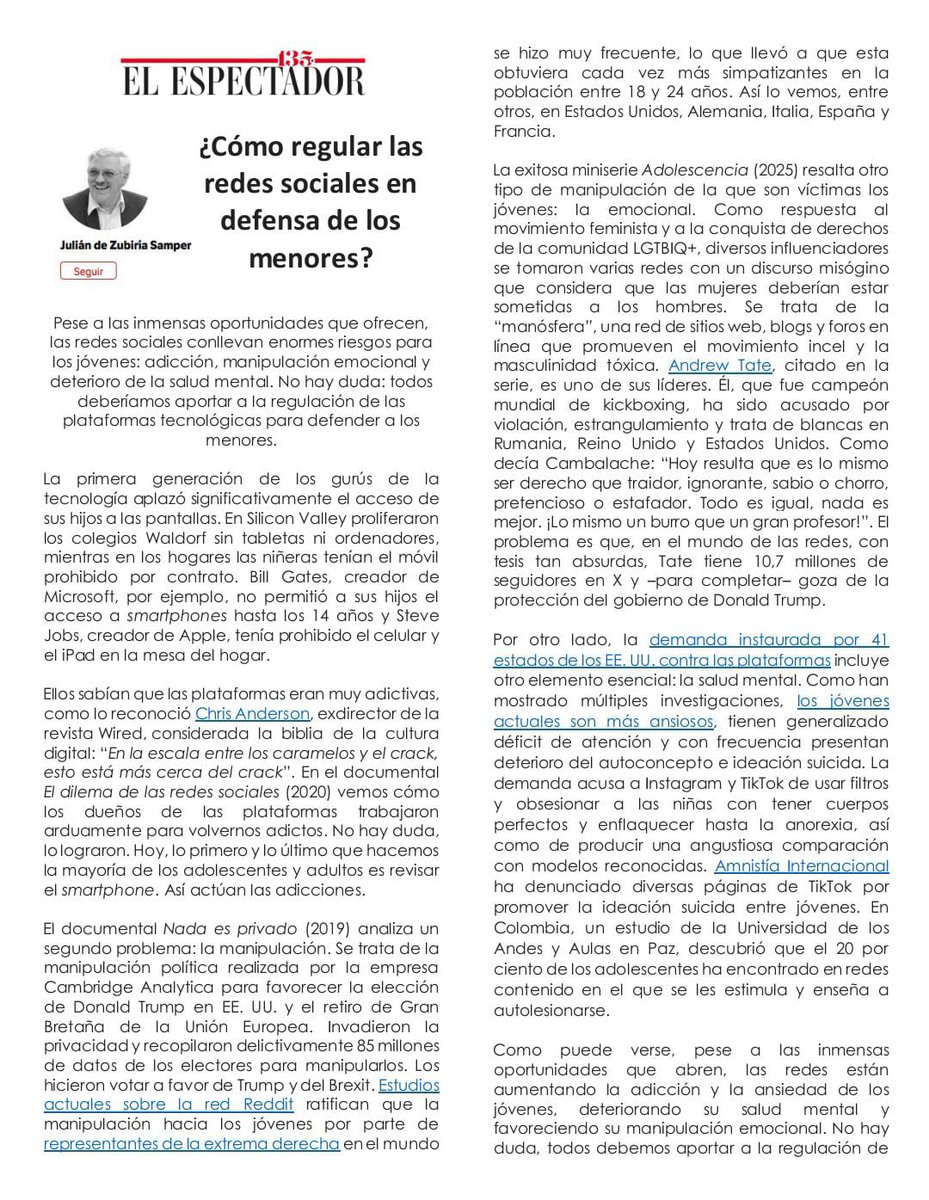 juliandezubiria's tweet photo. Pese a las oportunidades que ofrecen, las redes conllevan grandes riesgos para los jóvenes: adicción, manipulación  y deterioro de salud mental. No hay duda: todos deberíamos aportar a la regulación de las plataformas tecnológicas para defender a los menores. Comparto libremente: https://t.co/VtZz2uhOva