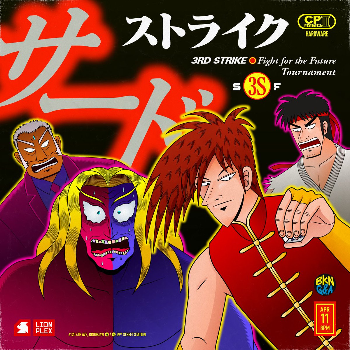 lionplex's tweet photo. Drew a flyer for this month's 3rd Strike tournaments @ArcadeBrooklyn - this Friday April 11 &amp; Saturday April 19

#3rdstrike #StreetFighter #fkmt #fanart https://t.co/folVkN3UiC