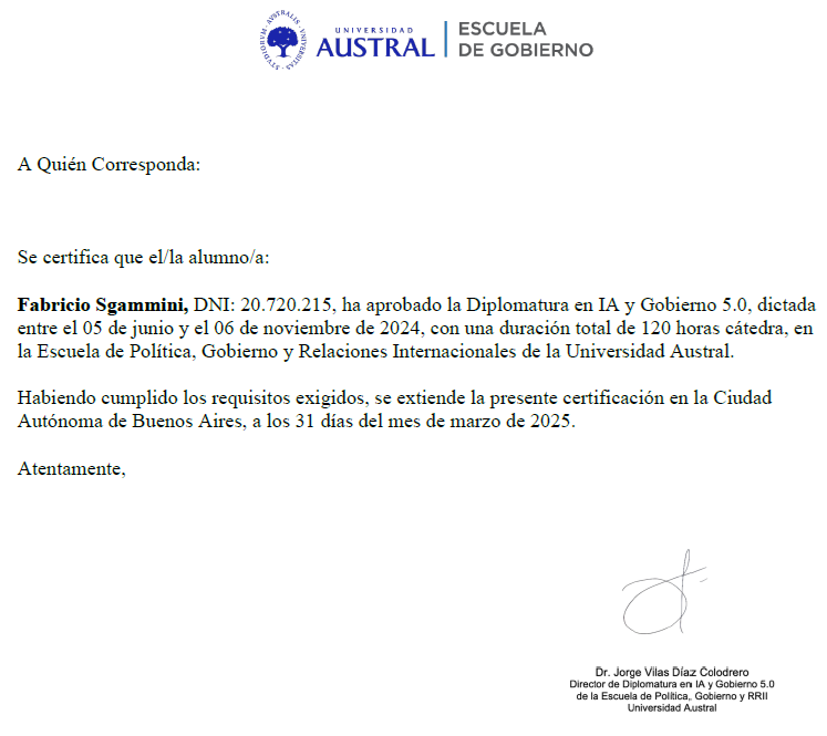 🌟 ¡Muy feliz de compartir que he completado mi 
𝗗𝗶𝗽𝗹𝗼𝗺𝗮𝘁𝘂𝗿𝗮 𝗲𝗻 𝗜𝗔 𝘆 𝗚𝗼𝗯𝗶𝗲𝗿𝗻𝗼 5.0! 

Esta capacitación ha sido una experiencia transformadora, equipándome con herramientas clave para enfrentar los desafíos del futuro. 

🤖 La inteligencia artificial y las