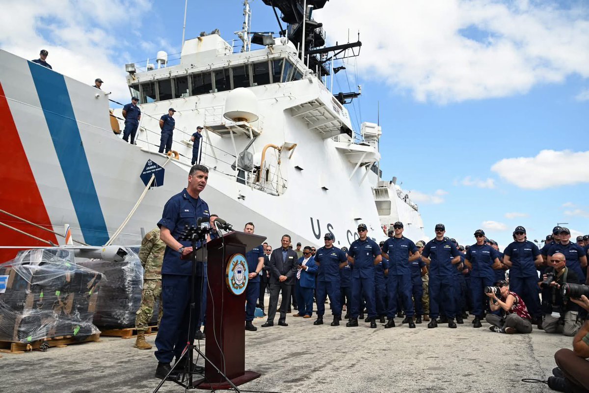 USCG's tweet photo. The @USCG CGC James has completed a major offload, seizing 44,628 lbs of cocaine & 3,886 lbs of marijuana, valued at $509.7M!!
 
“Coast Guard Investigative Service and our federal law enforcement partners in the PanEx Strike Force will continue to conduct investigations into Transnational Criminal Organizations (TCOs). The Coast Guard is committed to dismantling TCOs and combatting illegal narcotics threatening the United States. In aggregate, these interdictions have denied these criminal organizations more than half a billion USD in illicit revenue and result in critical testimonial and drug evidence used for their total elimination,” said Jeremy Gauthier, CGIS Director.

@Sec_Noem 
@DHSgov 
@USCGSoutheast 
@USCGLANTAREA 
@FBI 
@TheJusticeDept 
@DEAWashingtonDC 
@HSI_HQ 

#Underway #USCG #CounterNarcotics