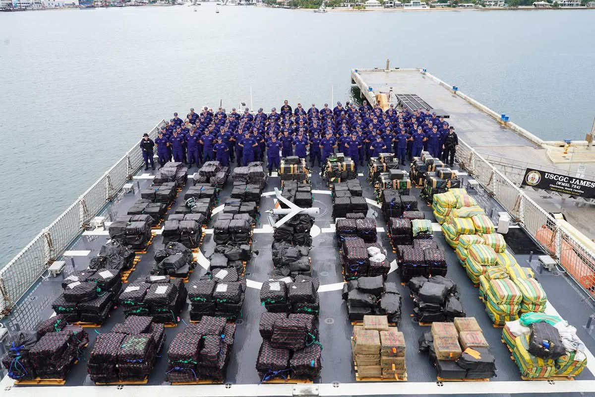 USCG's tweet photo. The @USCG CGC James has completed a major offload, seizing 44,628 lbs of cocaine & 3,886 lbs of marijuana, valued at $509.7M!!
 
“Coast Guard Investigative Service and our federal law enforcement partners in the PanEx Strike Force will continue to conduct investigations into Transnational Criminal Organizations (TCOs). The Coast Guard is committed to dismantling TCOs and combatting illegal narcotics threatening the United States. In aggregate, these interdictions have denied these criminal organizations more than half a billion USD in illicit revenue and result in critical testimonial and drug evidence used for their total elimination,” said Jeremy Gauthier, CGIS Director.

@Sec_Noem 
@DHSgov 
@USCGSoutheast 
@USCGLANTAREA 
@FBI 
@TheJusticeDept 
@DEAWashingtonDC 
@HSI_HQ 

#Underway #USCG #CounterNarcotics