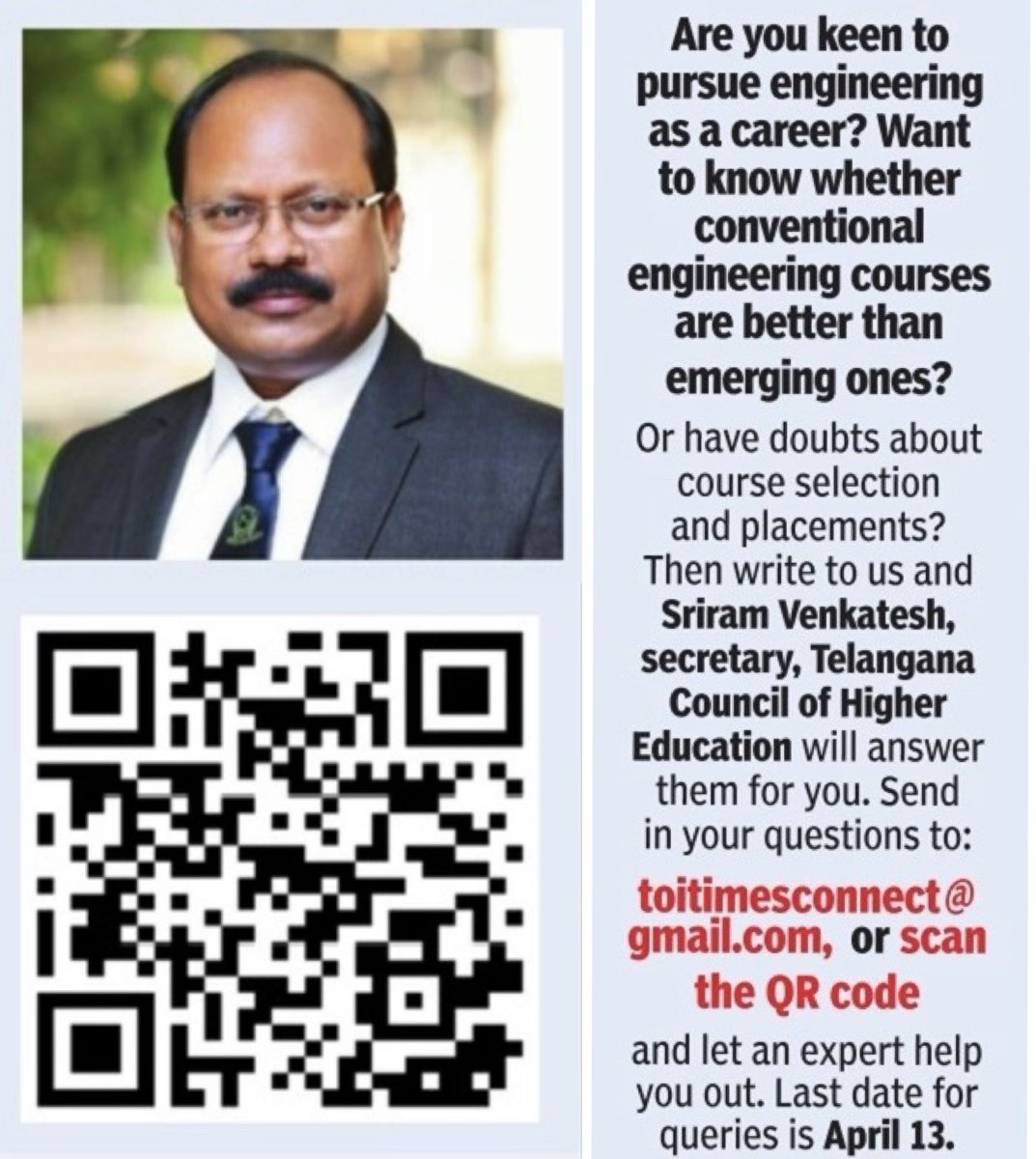#Missionadmission

Are you keen to pursue #engineering as a career? Want to know whether conventional engineering courses are better than emerging ones? Or have doubts about #courseselection and #placements? Then write to us and Sriram Venkatesh, secretary, Telangana Council of