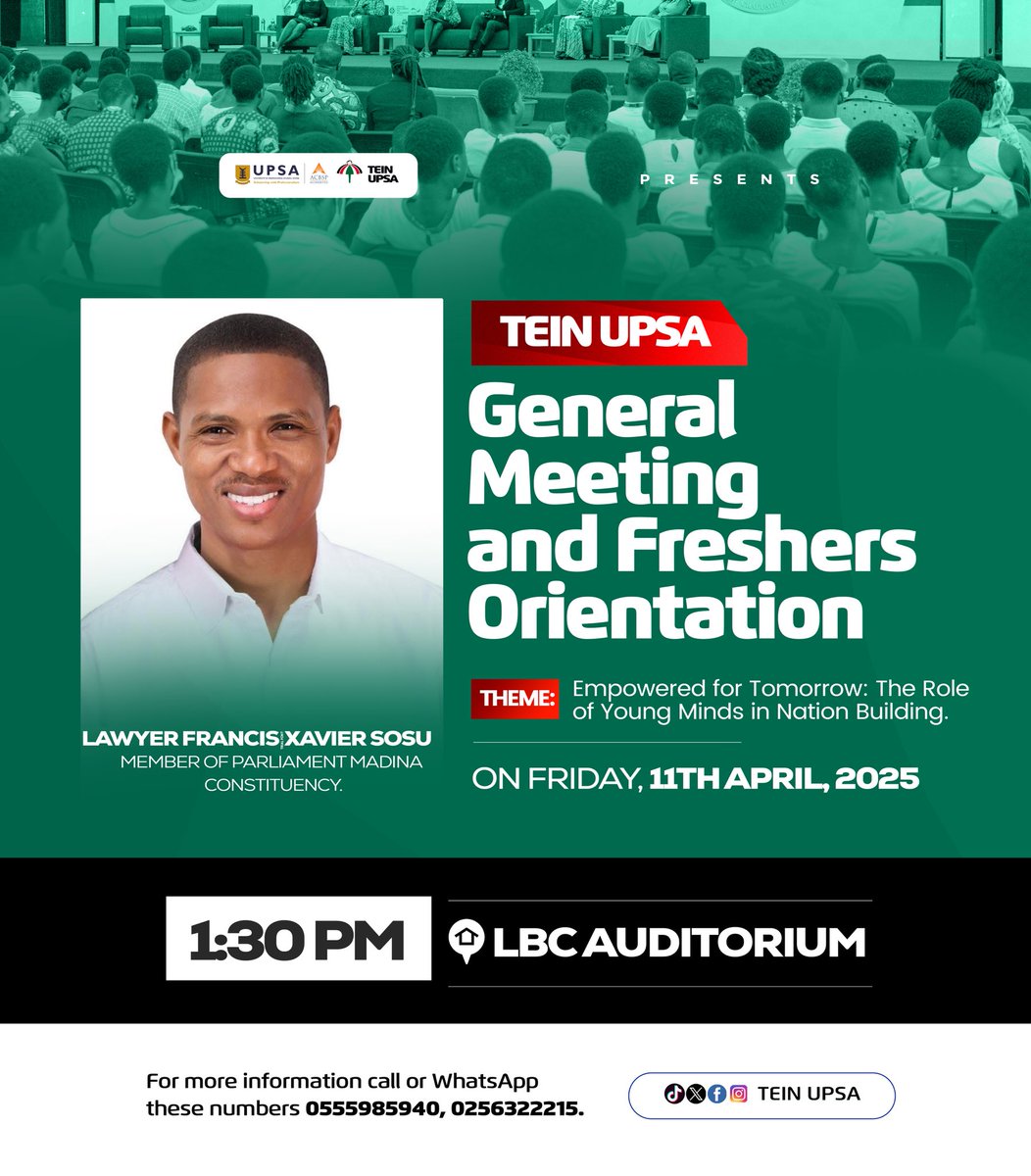 tein_upsa1's tweet photo. Our hardworking Member of Parliament for Madina Constituency, Lawyer Francis Xavier Sosu, will be gracing our program this Friday….
@fx_sosu https://t.co/zcgFNlxr1F