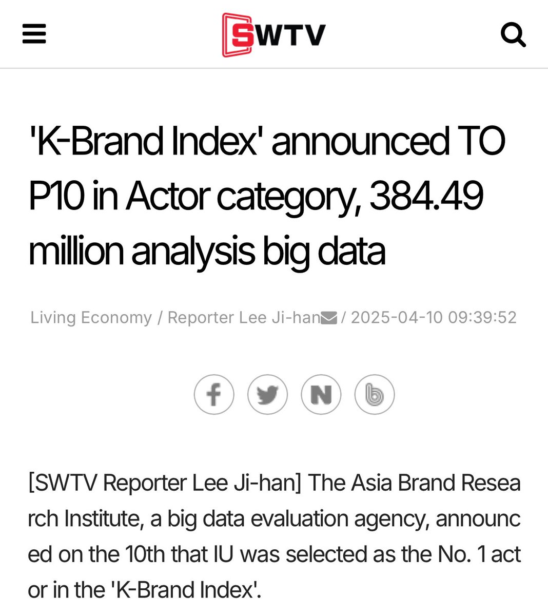 VicLJE's tweet photo. “This K-Brand Index actor segment analyzed 384,495,514 online big data from March 1 to March 31, 2025, targeting the top 30 portal site searches.”

“In the K-Brand Index actor category, IU was ranked first , while Park Bo-gum (2nd)

In addition, IU and Park Bo-gum, who starred in "When Life Gives You Tangerines ," which symbolizes the new revival of Hallyu content, proved their presence by topping the male and female actors category of the K-brand index. It should be taken into account that the data are online index figures, and various offline index figures are not reflected. 

The K-brand index, which represents a national brand, is calculated as a sum of weight exclusion criteria such as public, trend, media, social, positive, negative, activation, and community indexes for each sector.” 

➡️https://t.co/I4zZSjprOk