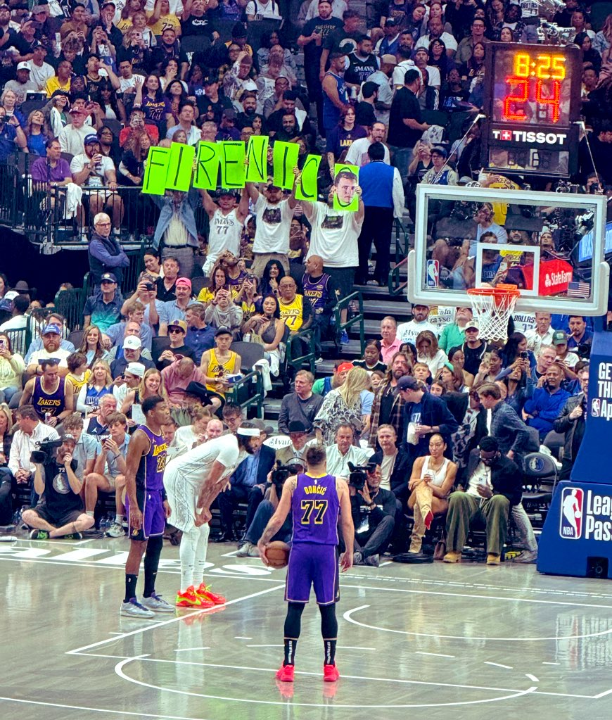 “Fire Nico” signs while Lakers’ Luka Doncic is at the free throw line in Dallas return