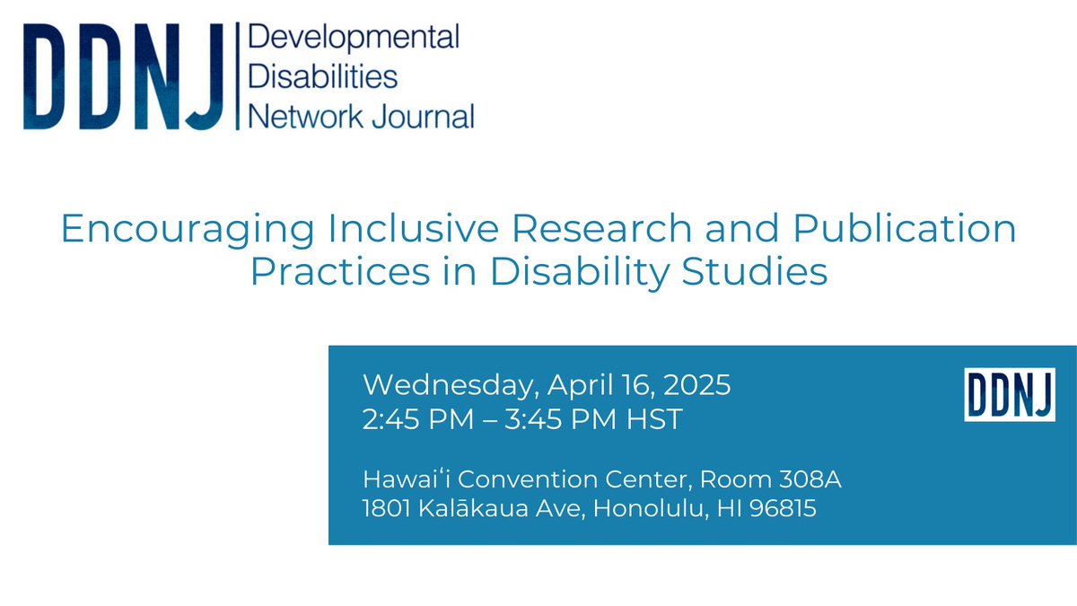 MID-CONFERENCE Encouraging Inclusive Research and Publication Practices in Disability Studies

Wednesday, April 16, 2025
2:45 PM – 3:45 PM HST
Hawaiʻi Convention Center, Room 308A
1801 Kalākaua Ave, Honolulu, HI 96815

#PacRim2025 #Conference #DDNJ