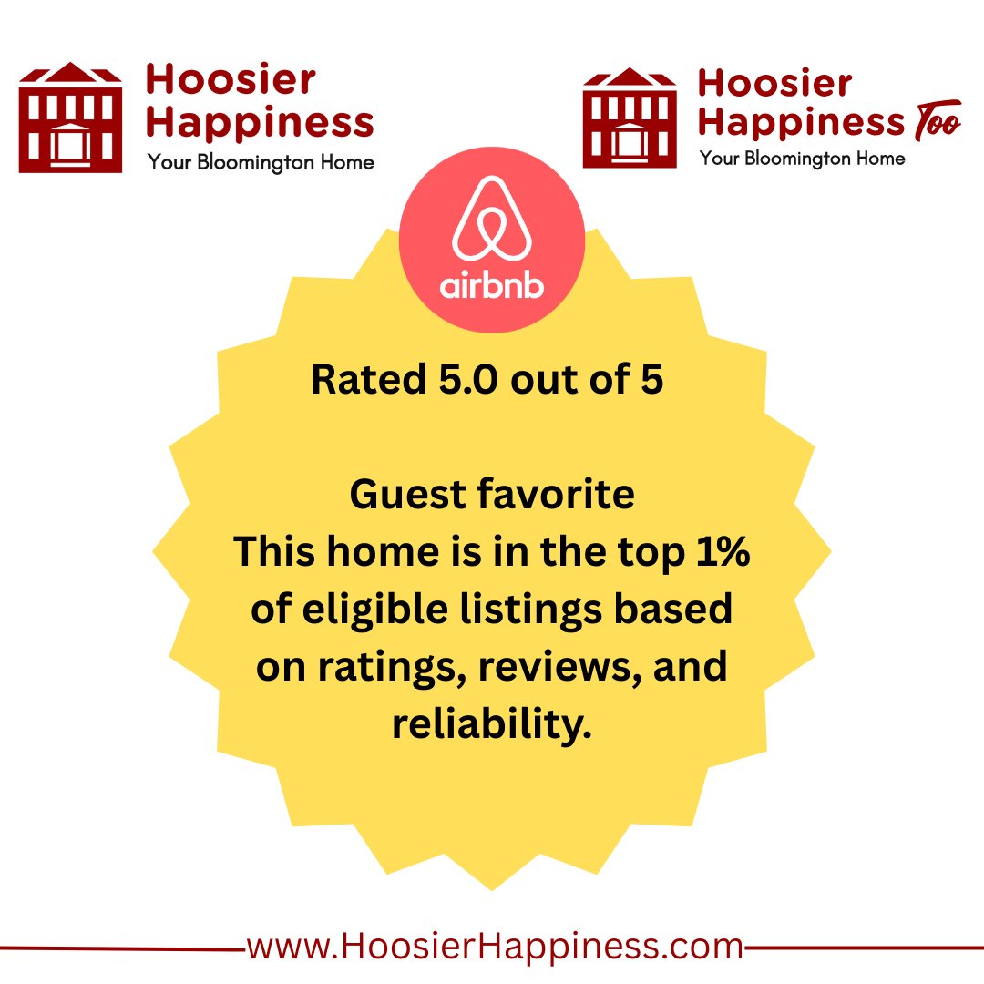 HoosierHappines's tweet photo. Proud that both Bloomington properties are among Airbnb's best, but now we're shooting for the best 1/2%!

https://t.co/ct0sNi7fOh

#bloomingtonindiana #bloomington #btown #iubloomington #iufb #iubb #iuwbb #indianambb #browncountyindiana #visitbrowncounty https://t.co/ATduhalMkN