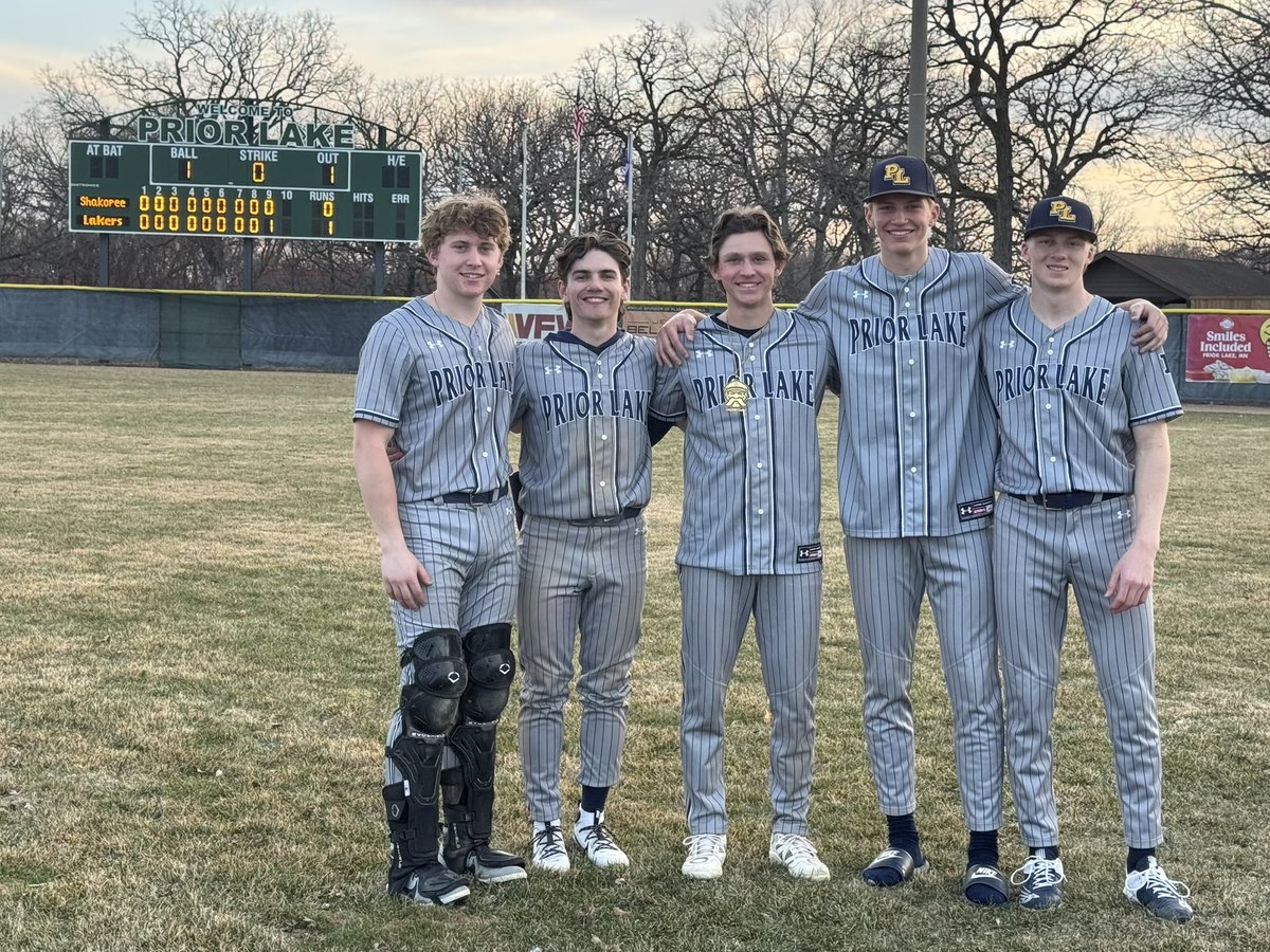 Lakers defeat Shakopee 1-0 in 9 innings! Dylan Moyers had 3 hits including a walk-off single! Miles Olson was outstanding in the field and moved the winning run over! Ben Snider and Colten Gunderson combined for a shutout and 12 Ks! Jaeger Solis was great behind the plate!