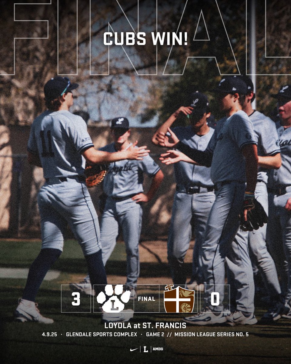 FINAL | Loyola 3, St. Francis 0 

Cubs sweep the Golden Knights to improve to 13-4 (9-3 Mission League), winning their 5th consecutive game and sweeping their third straight league series!

#LoyolaBaseball | #GoCubs