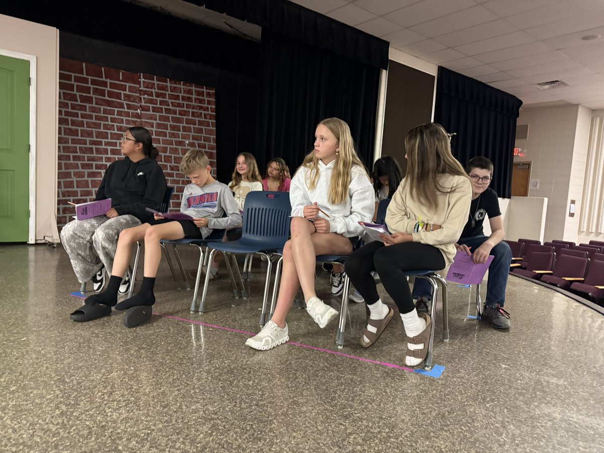 Theatre 6 students getting blocking from the stage manager while the student Director fills out the rehearsal report. This is PROJECT BASED LEARNING in the theatre classroom! <a href="/OTMSTigerPride/">Oregon Trail Middle School</a>