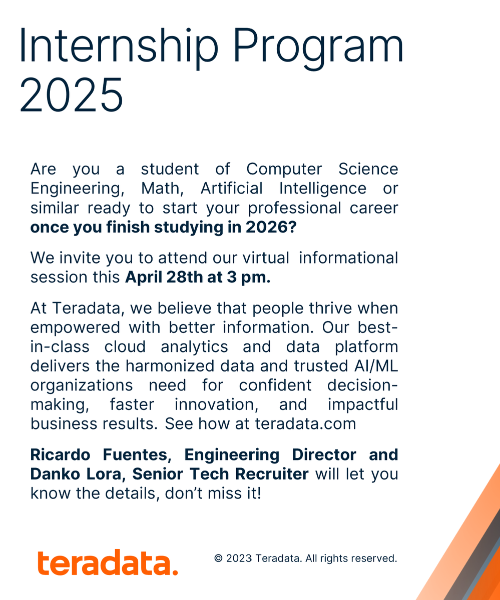 escomunidad's tweet photo. La empresa Teradata invita a la comunidad estudiantil de la ESCOM que terminará su carrera en el año 2026, a conocer su programa de Internships. 
Sesión en línea 28 de abril a las 3:00 p.m.
Regístrate: https://t.co/FOYLYFGHId, para recibir el enlace de la reunión. https://t.co/6sgJHpc6Mu