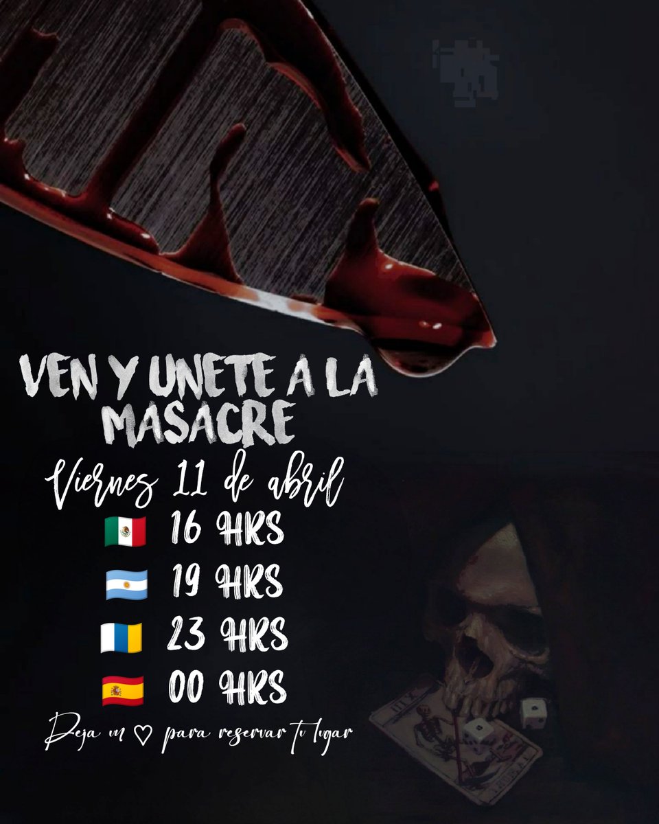 ‍ 
 ‍  ‍ ‍  𝕮𝑼𝐀𝑵𝐃𝑶   𝐄𝑳   𝕻𝑼𝐄𝑩𝐋𝑶   𝕯𝑼𝐄𝑹𝐌𝑬   🔪🩸

𝙻a muerte acecha.
𝙻a 𝖘𝐚𝒏𝒈𝖗𝐞 mancha los muros de piedra.
𝚈 esta noche. . . el Pueblo Duerme.
¿𝚂erás 𝐢𝒏𝐨𝖈𝖊𝖓𝐭𝒆 o serás la 𝐦𝖆𝒏𝖔 que sostiene el cuchillo?

¿𝚃e unes al juego? Deja tu ♡︎
 ‍