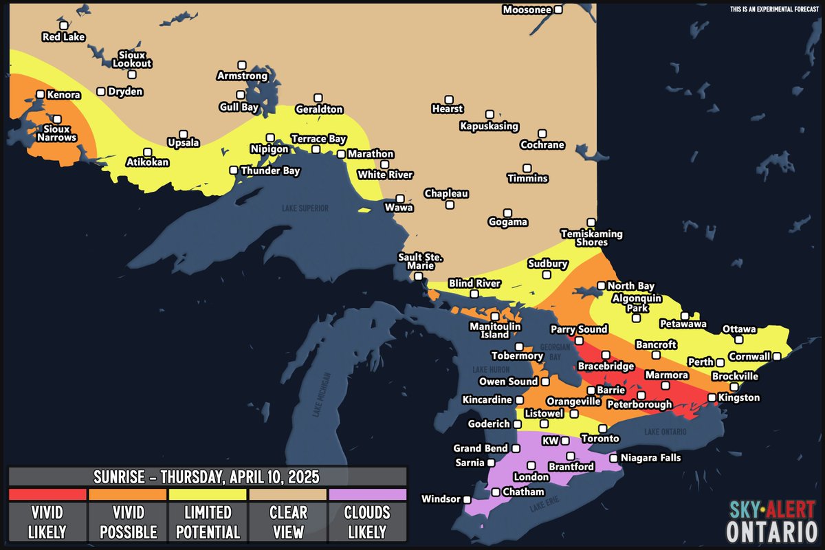 SkyAlertOntario's tweet photo. SUNRISE FORECAST | April 10, 2025 

This forecast is designed for photographers. Follow Sky Alert Ontario on Facebook for detailed forecasts! 

#sunriseforecast #sunsetforecast #skywacther #sunriselovers #sunsetlovers #landscapephotography #ontariophotography #weatherforecast https://t.co/qHOrRGf1To