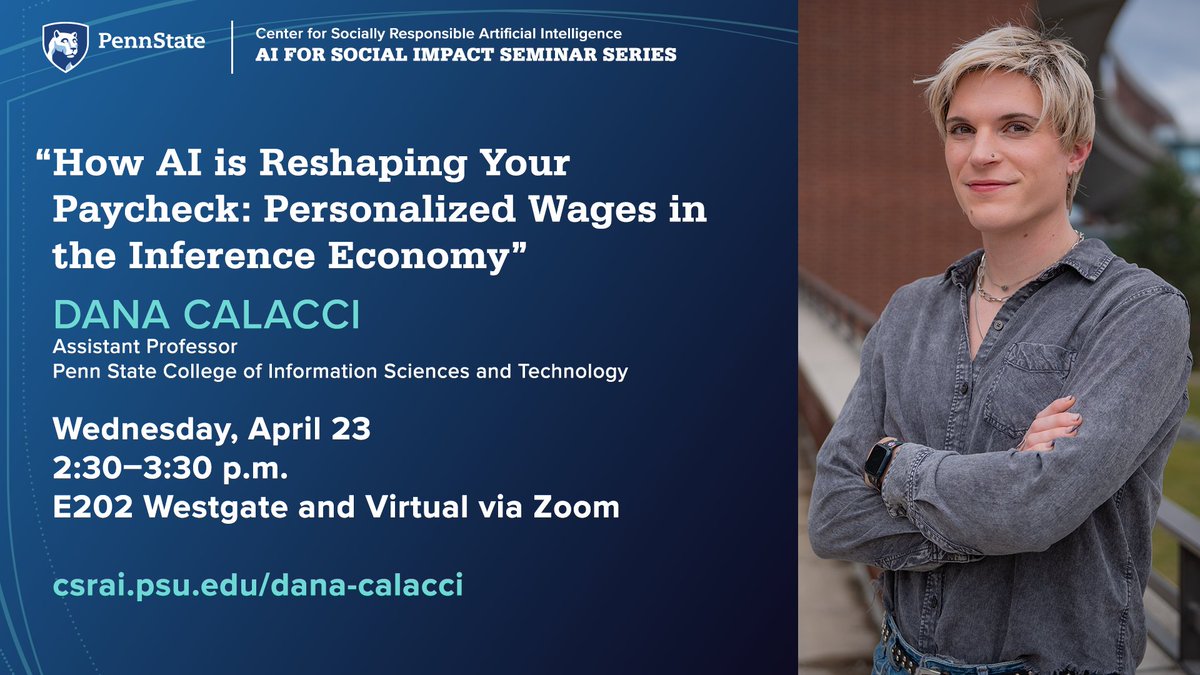 Penn State Center for Socially Responsible AI (@pennstatecsrai) on Twitter photo Join <a href="/dcalacci/">dana calacci π¦ @dana.witchy.business</a> from <a href="/ISTatPENNSTATE/">Penn State College of IST</a>
for her upcoming talk as part of our #AI for Social Impact series.
ποΈ Wednesday, April 23
π 2:30-3:30 p.m.
π E202 Westgate and Zoom
π csrai.psu.edu/dana-calacci Join <a href="/dcalacci/">dana calacci π¦ @dana.witchy.business</a> from <a href="/ISTatPENNSTATE/">Penn State College of IST</a>
for her upcoming talk as part of our #AI for Social Impact series.
ποΈ Wednesday, April 23
π 2:30-3:30 p.m.
π E202 Westgate and Zoom
π csrai.psu.edu/dana-calacci