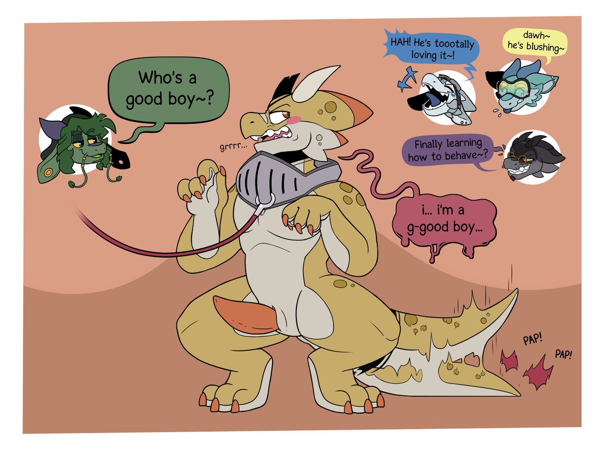 tinybumbershoot's tweet photo. After Clicky's latest bout of shenanigans, Null decided that the unruly kobold needed some discipline training...

Hopefully a healthy dose of peer pressure will help encourage better behavior going forward...

A little comm for @BulgeIndulger https://t.co/hwQo7jzlwq