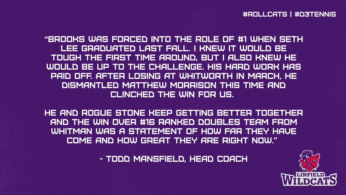 Brooks Lerfald earns Linfield Men’s Tennis Performance of the Week after playing some of his best tennis of the season at the top of the ladder against the Whits 🙌🏅🎾

#RollCats | #d3tennis