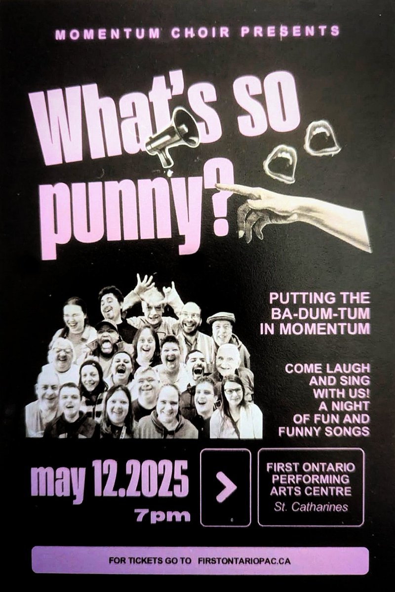 CConnectPC's tweet photo. #MomentumChoir presents! #WhatsSoPunny?

𝗧𝗵𝗲 𝗠𝗼𝗺𝗲𝗻𝘁𝘂𝗺 𝗖𝗵𝗼𝗶𝗿 𝗺𝗲𝗺𝗯𝗲𝗿𝘀 𝗮𝗿𝗲 𝗿𝗲𝗮𝗱𝘆 𝘁𝗼 𝗺𝗮𝗸𝗲 𝘆𝗼𝘂 𝗹𝗮𝘂𝗴𝗵! 😄

🔹️  Mon. May 12th, 2025 @ 7pm
#FirstOntarioPerformingArtsCentre, #StCatharines
🔹️ Buy Tickets:
https://t.co/IQSuOWbCYu https://t.co/okWTmCQE29