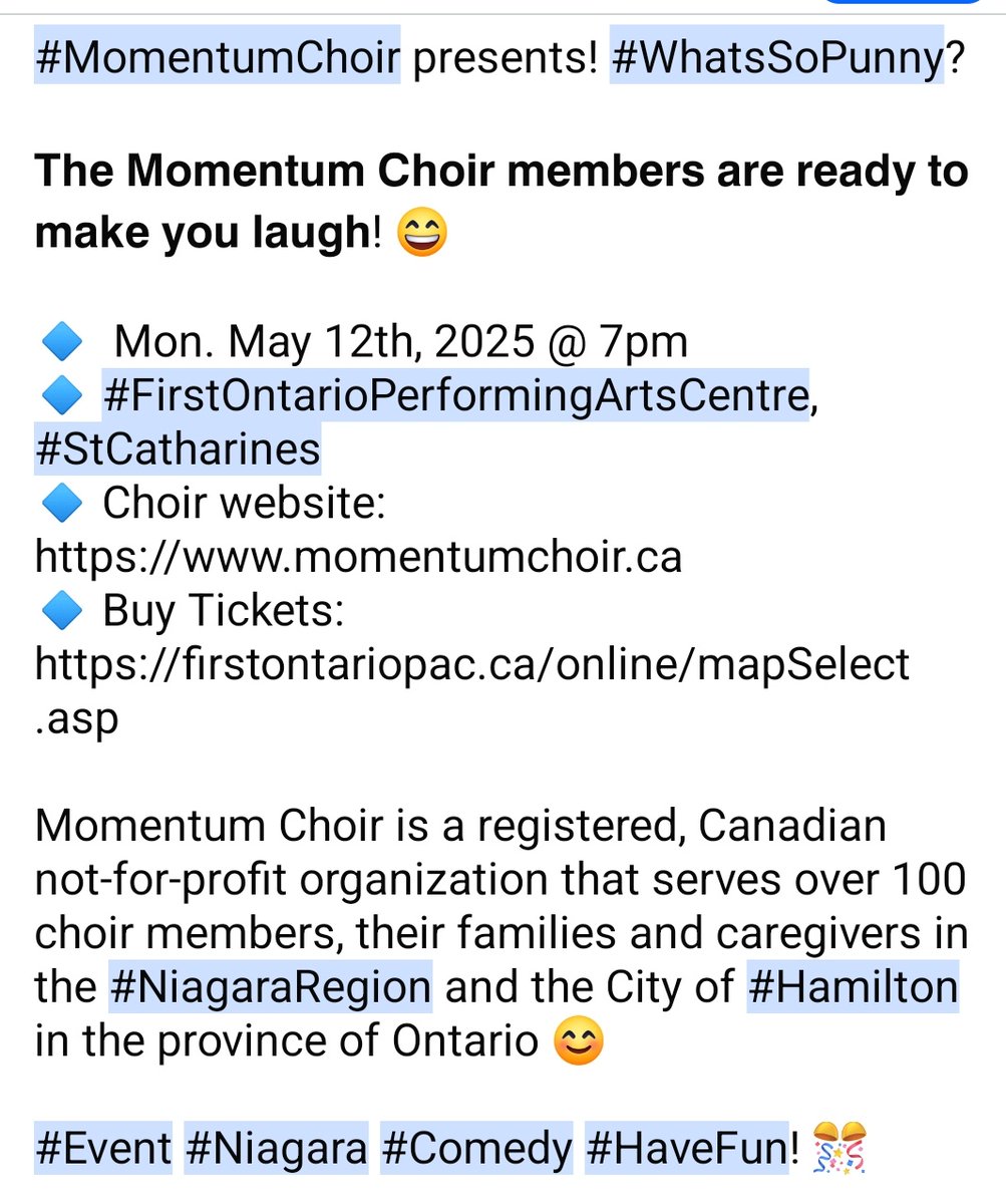 CConnectPC's tweet photo. #MomentumChoir presents! #WhatsSoPunny?

𝗧𝗵𝗲 𝗠𝗼𝗺𝗲𝗻𝘁𝘂𝗺 𝗖𝗵𝗼𝗶𝗿 𝗺𝗲𝗺𝗯𝗲𝗿𝘀 𝗮𝗿𝗲 𝗿𝗲𝗮𝗱𝘆 𝘁𝗼 𝗺𝗮𝗸𝗲 𝘆𝗼𝘂 𝗹𝗮𝘂𝗴𝗵! 😄

🔹️  Mon. May 12th, 2025 @ 7pm
#FirstOntarioPerformingArtsCentre, #StCatharines
🔹️ Buy Tickets:
https://t.co/IQSuOWbCYu https://t.co/okWTmCQE29