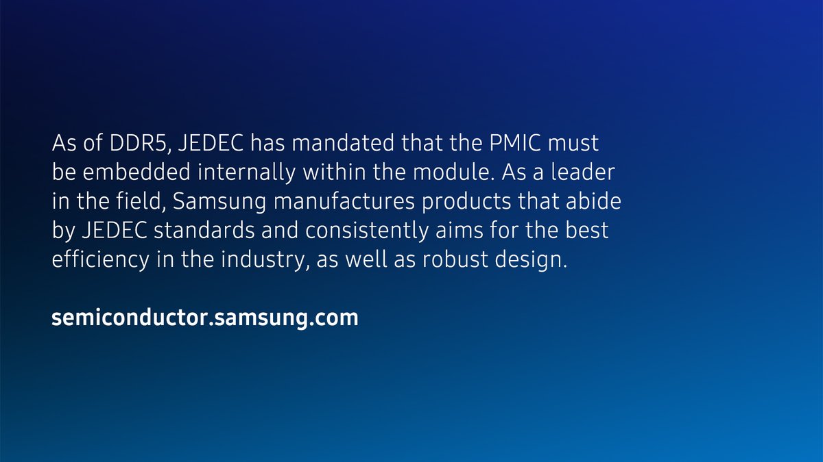 #SamsungSemiconductor was among the first to integrate the #PMIC directly on the substrate of #DDR5 DIMM for improved performance and system-level efficiency. Read more about how Samsung delivers energy-efficient PMIC solutions. smsng.co/DIMM