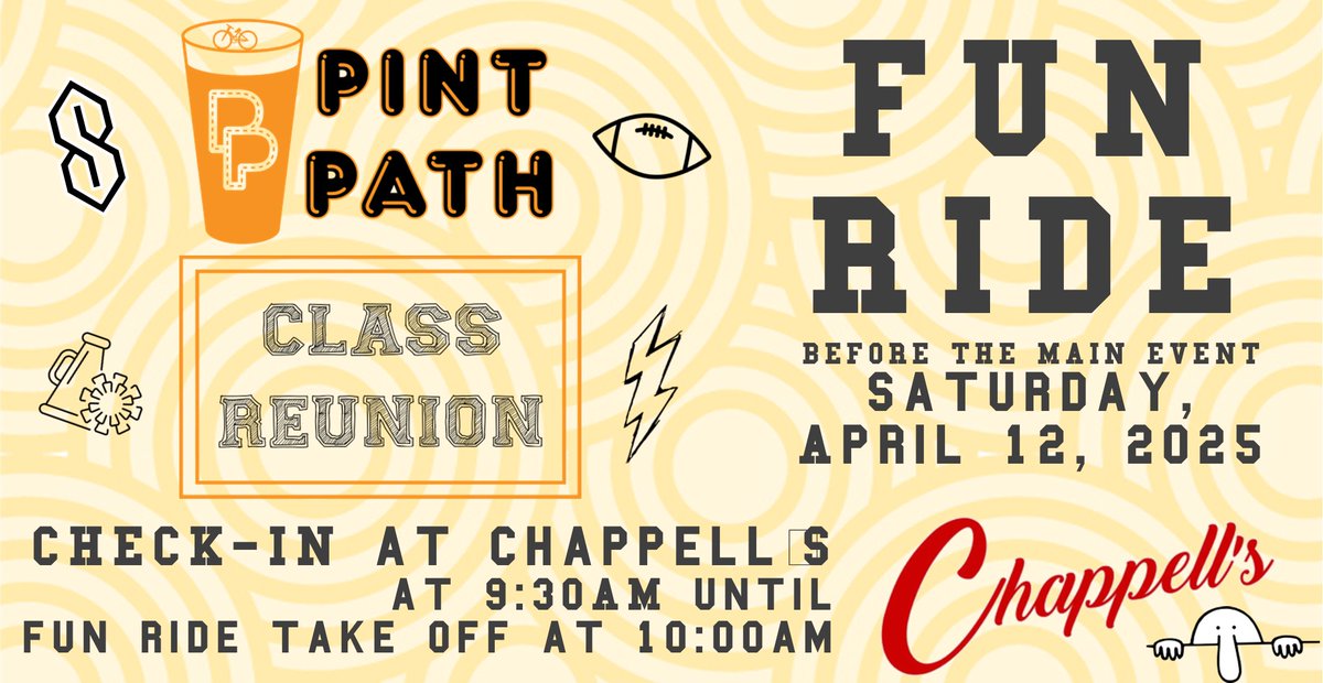 Updated Check-In/take off time for the Fun Ride before the main event pub crawl. Our ride leader has bumped up the Check-In time to 9:30am with Fun Ride group ride taking off at 10am sharp. Chappell's Restaurant and Sports Museum will be open and serving up some delicious treats!
