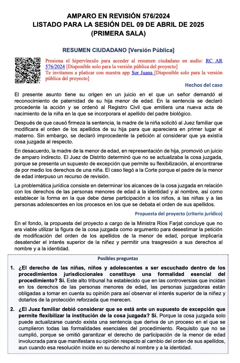 🔈Un hombre solicitó el reconocimiento de paternidad de su hija tiempo después de nacida, y como resultó que sí era el padre, el Registro Civil emitió una nueva acta de nacimiento con el apellido del padre. Inconforme, la madre promovió un juicio de amparo en representación de su
