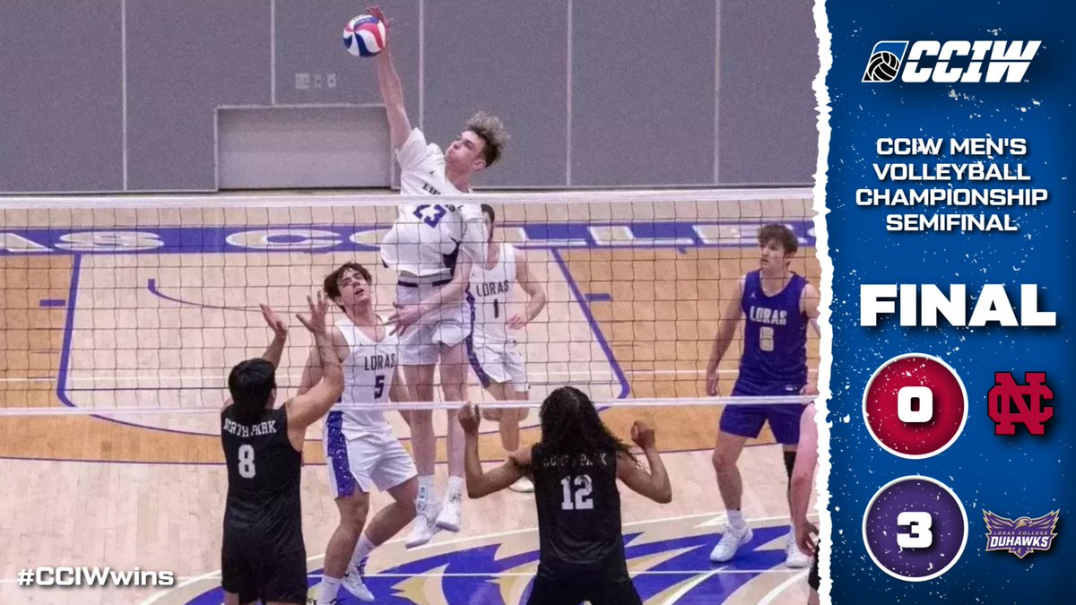Run it back: for the second consecutive season, it will be Loras and Carthage in the CCIW Men's Volleyball Championship final.

The #2 Duhawks top #3 North Central in tonight's semifinal, 25-21, 25-20, 25-23.

#D3vb | #CCIWwins

Championship Central: cciw.org/tournaments/?i…