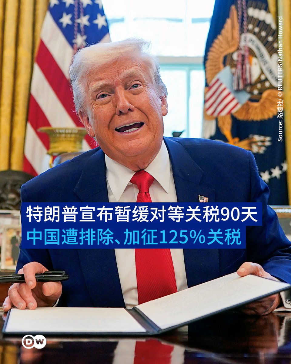 特朗普宣布部分国家暂缓加征关税90天中国🇨🇳遭排除】 美国🇺🇸总统特朗普周三（9日）宣布对部分国家暂缓征收“对等关税 ”措施90天，在该项措施生效不到24小时便出现政策大转弯。不过，与美国互祭巨额关税反制的中国则不包含在这波暂缓加征关税的国家中。 特朗普称，暂缓 ...