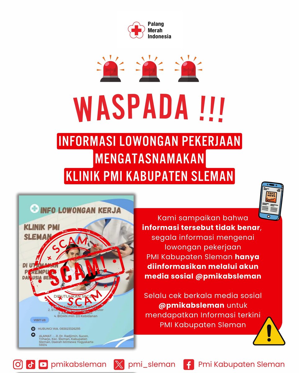 pmi_sleman's tweet image. Hallo #SobatPMI Kabupaten Sleman

Waspada Informasi Lowongan Pekerjaan mengatasnamakan Klinik PMI Kabupaten Sleman

Kepada #SobatPMI , kami ingin menegaskan bahwa informasi tersebut tidak benar dan tidak berasal dari Klinik PMI Kabupaten Sleman.

#pmikabsleman
#pmisleman
#waspada