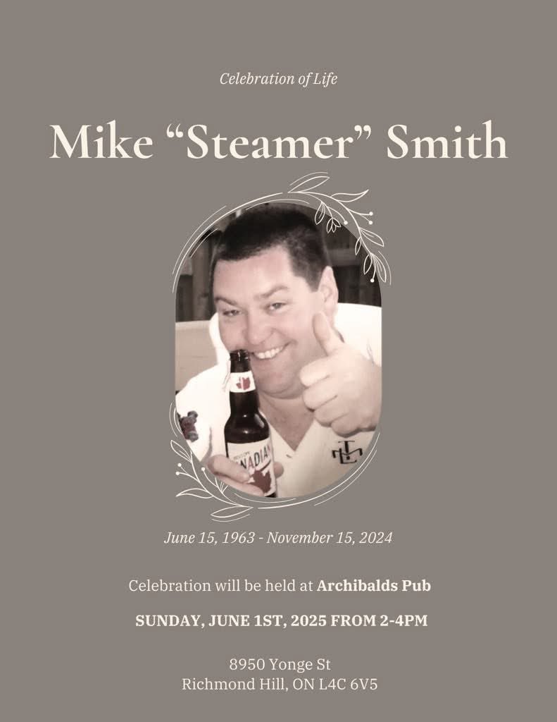 RHMRBL's tweet photo. In remembrance of Mike “Steamer” Smith

A Celebration of Life will be happening June 1 at Archibald’s Pub from 2-4PM. 

A loved and respected member of the league, may we all take the time to celebrate a great friend and member of our hallowed league. https://t.co/uLVvWYK1QW