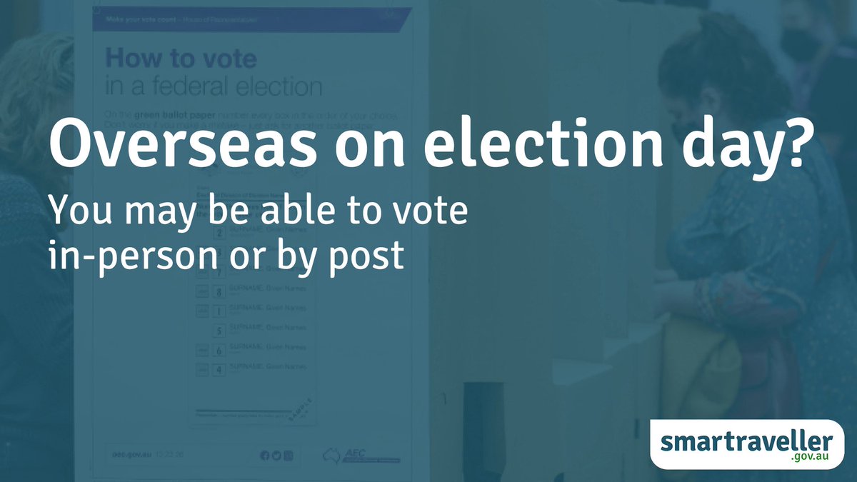 Need to vote from overseas for the 2025 federal election? In-person voting centres are available at a range of overseas Australian embassies, consulates &amp; high commissions. Can’t get to a voting centre? Apply for a postal vote asap!

aec.gov.au/overseas

Authorised by AEC