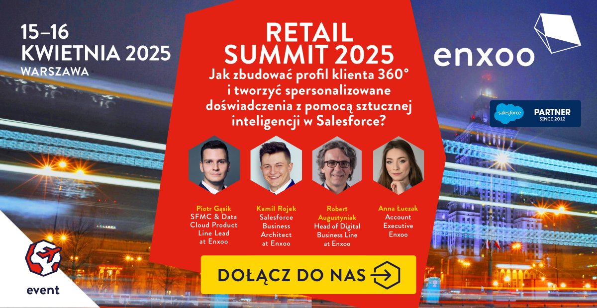 🛒 Online: personalized.
🏬 Offline: chaotic.
At #RetailSummit2025 we’ll show how to build consistent experiences and a 360° customer profile using #AI in #Salesforce.
📍 April 16 | 11:30 AM | E-Retail CX &amp; Loyalty Stage
👉 tiny.pl/fg46hd06

#Enxoo #digital