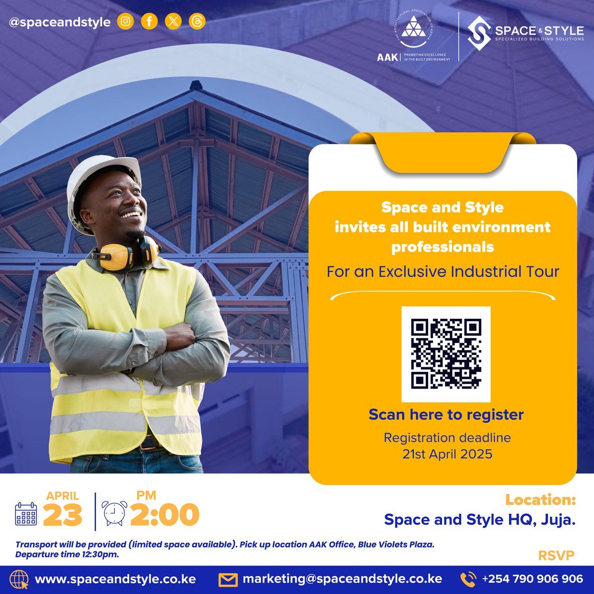 Let’s talk innovation. Let’s talk architecture. Let’s talk about what’s next.

Join Space and Style in collaboration with The Architectural Association of Kenya (AAK) for an exclusive Industrial Tour tailored for design minds.
Go beyond the surface with a behind-the-scenes look