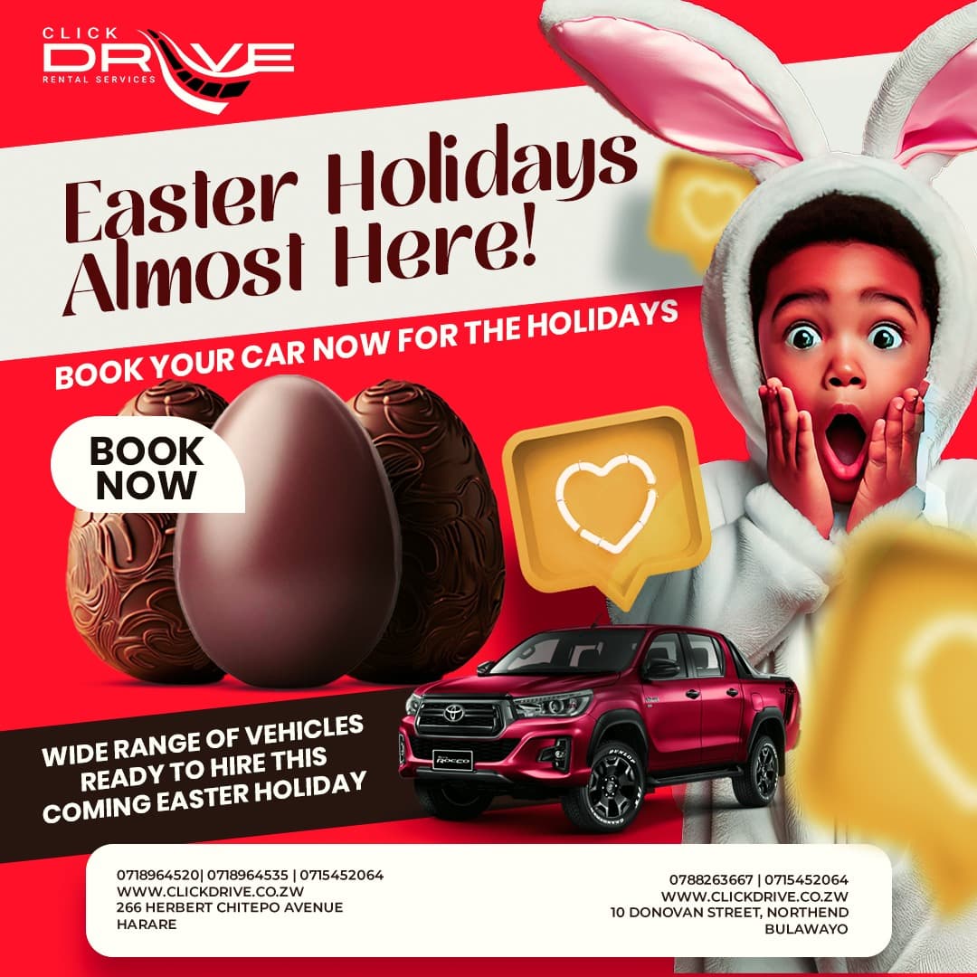 ClickdriveZim's tweet photo. 🚗 Easter Holidays Are Almost Here – Time to Get Moving with ClickDrive!
📍 Harare Branch
📞 0718 964 520 | 0772 306 245 | 0715452064
🌐 https://t.co/xkuQACIbuQ
📍 266 Herbert Chitepo Avenue, Harare
📍 Bulawayo Branch
📞 0788263667 | 0715452064
👉 #ClickDriveZim #EasterDrive https://t.co/bLy5tWPnvO
