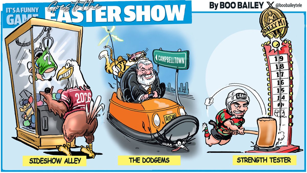 BooBaileyTele's tweet image. Pass me a bertie beetle bag, we've gone to the #eastershow. A taste of this week's #nrl toons for @telegraph_sport  live from the Sydney Olympic Park Agricultural centre. #nrl