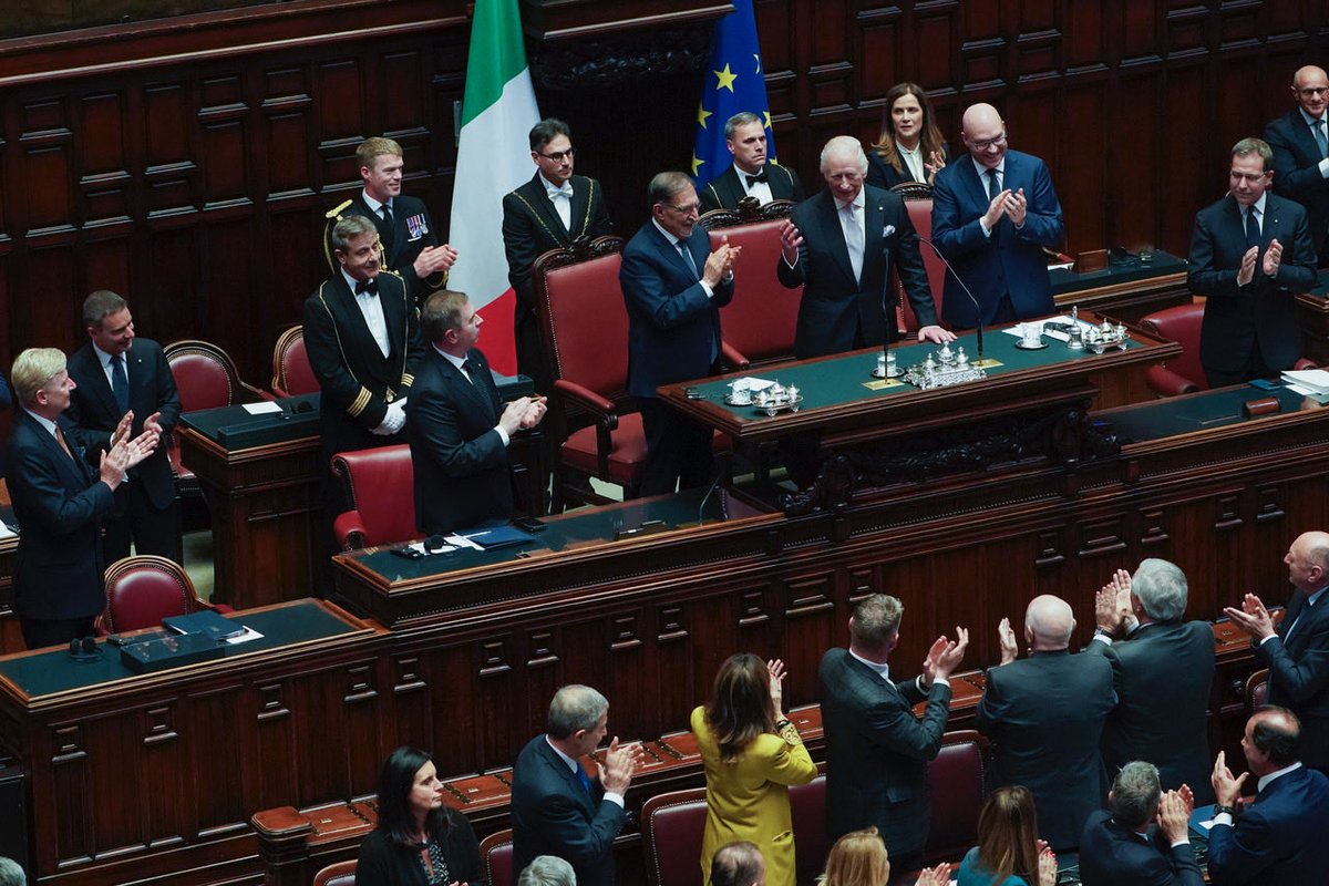 Day 3 Rome. The Queen received a Pizza during a school visit. The King received a standing ovation after his speech to Italian Parliamentarians