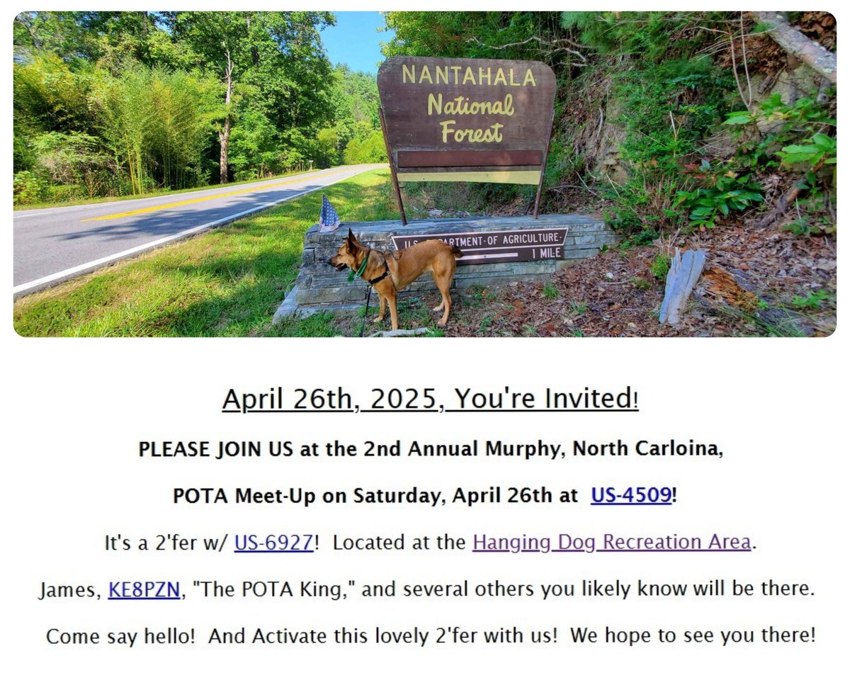 AJoyfulHam's tweet photo. Only 16 days away! JOIN US @ the Murphy, NC POTA Meet-Up Sat., 4/26 located @ the Hanging Dog Recreation Area. James, KE8PZN, "The POTA King," &amp; others you likely know will be there. Come say hi &amp; Activate! We hope to see you there! https://t.co/m3kc1L5r41 https://t.co/28e71jqebM https://t.co/A5V5Z1bIEI