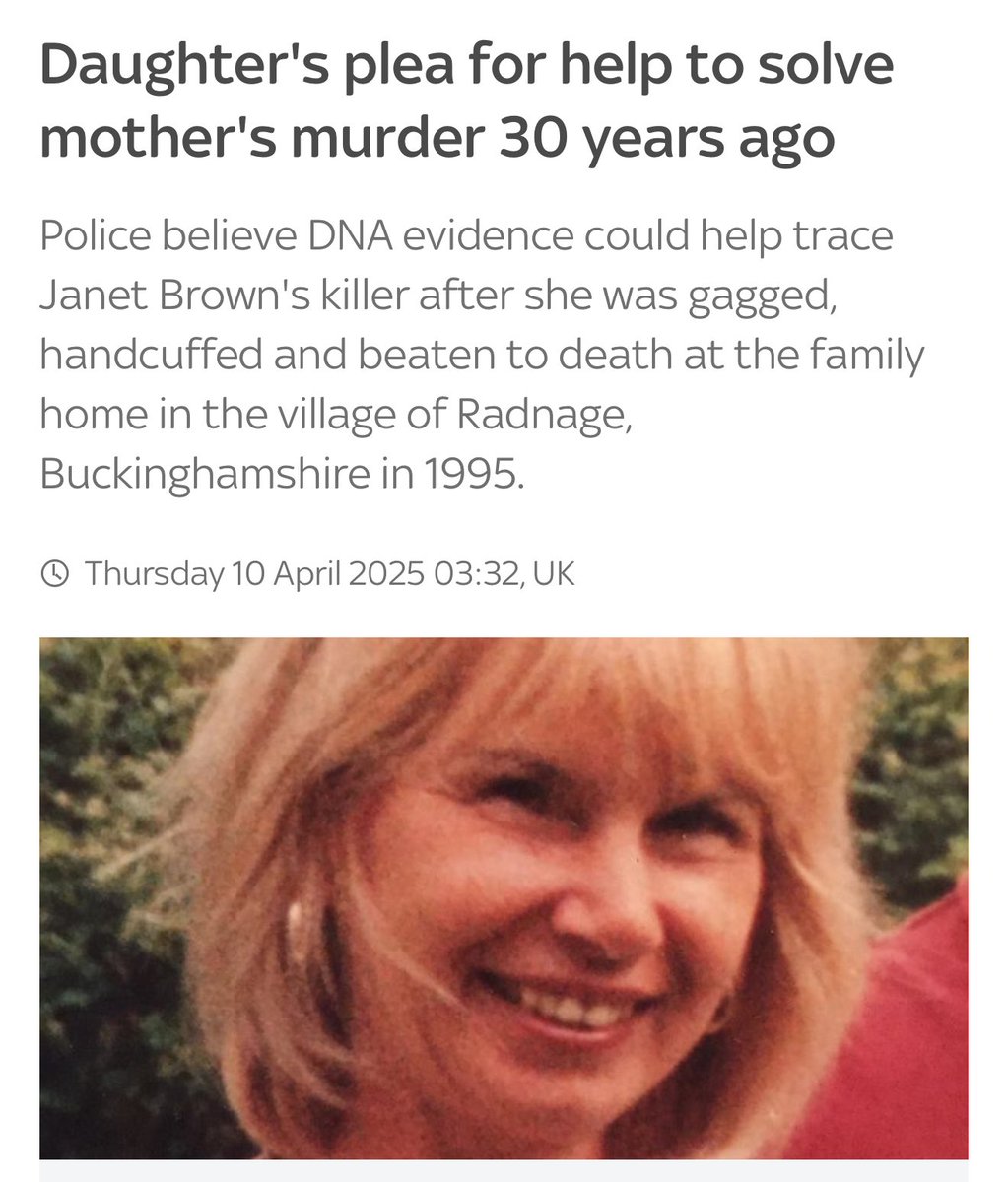 “She was handcuffed and beaten badly, literally bludgeoned to death. It doesn’t matter if a person didn’t come forward at the time. It’s not too late.”

30 years on, Janet Brown’s daughter pleads for help to find her mother’s killer. 
➡️ news.sky.com/story/daughter…