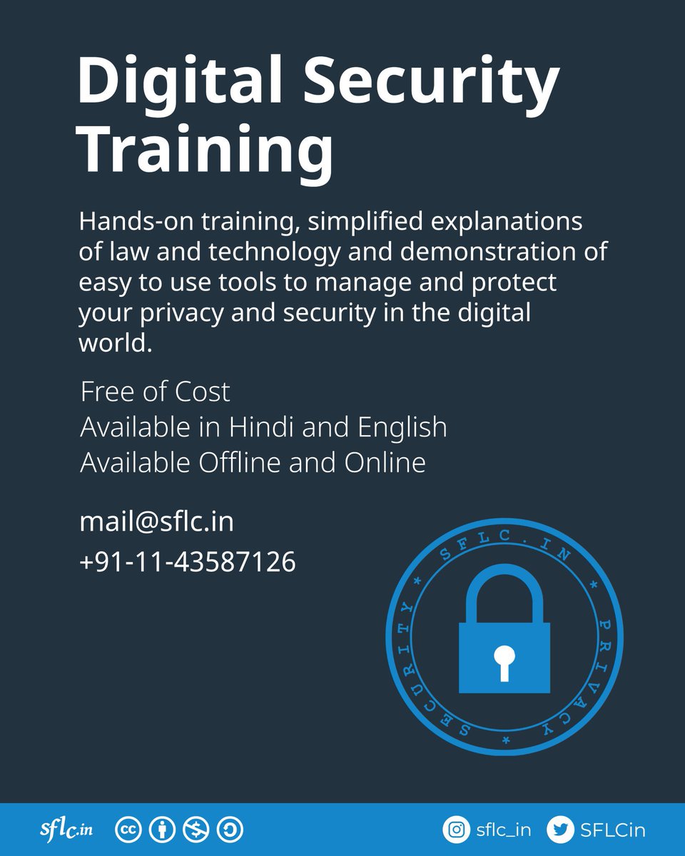 SFLCin's tweet image. Protect yourself from digital threats and harm!

Team SFLC.in conducts #DigitalSecurityTraining (DST) sessions that include hands-on training, simplified explanations of law and #technology, and demonstrations of easy-to-use tools to manage and protect your…
