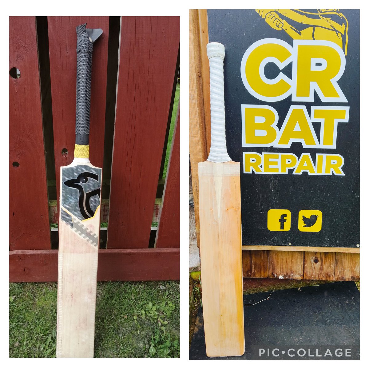 *REHANDLE*
Another kookaburra bat in to rehandle and full strip and clean up.i cut the old one out &amp; replaced it with a top quality 4 piece handle and binding plus new grip.full sand down of the blade and edges,new face guard, New toe guard &amp; taped edges

Bat is back in the game
