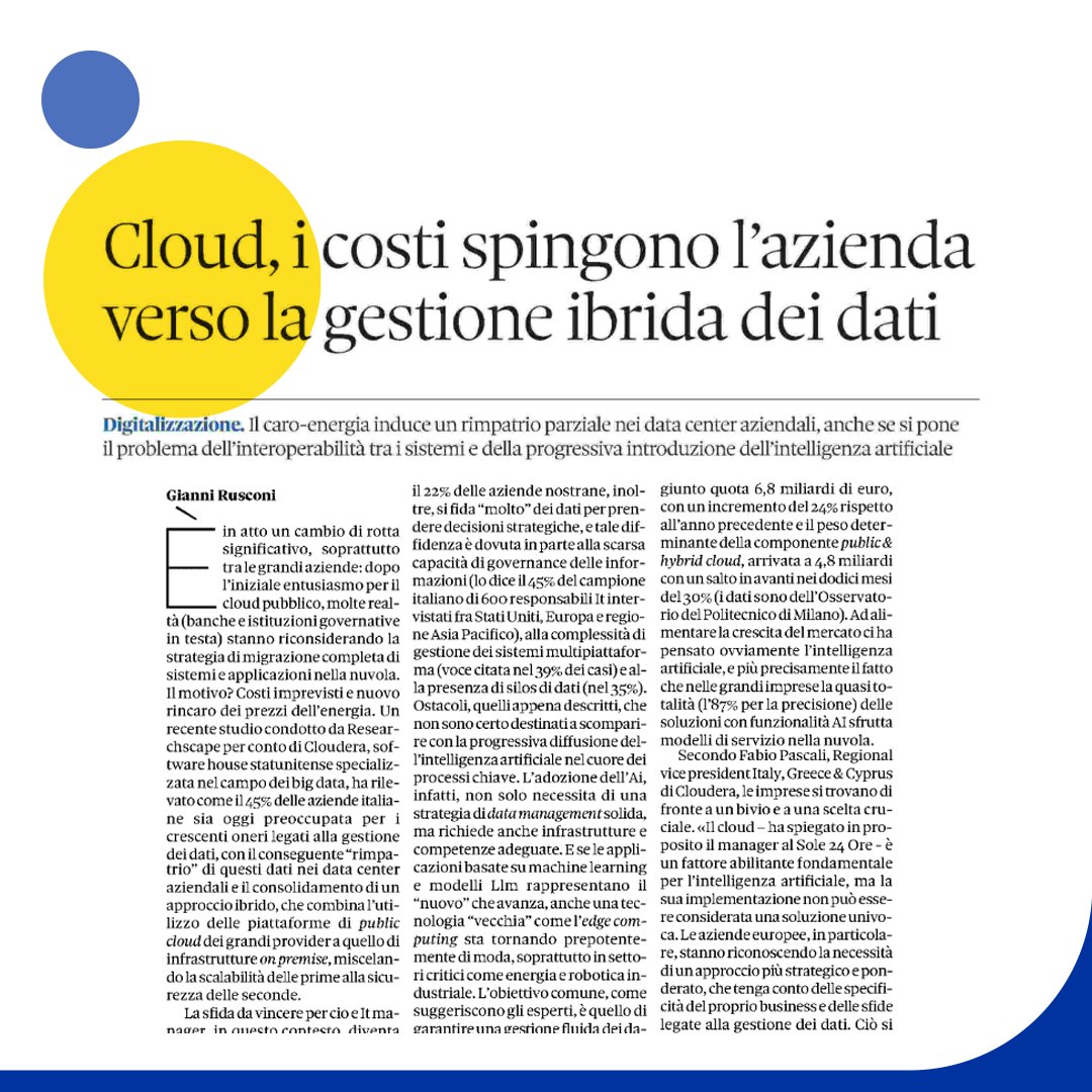 Digitalizzazione 
🗞️"Cloud, i costi spingono l'azienda verso la gestione ibrida dei dati" su <a href="/sole24ore/">IlSole24ORE</a> 

#Cloud #DataManagement <a href="/cloudera/">Cloudera</a> <a href="/Osserv_Digital/">Osservatori Digital</a> <a href="/polimi/">Politecnico di Milano</a> <a href="/Fra7russo/">Francesco Paolo Russo 🚀</a> <a href="/aldoceccarelli/">Aldo Ceccarelli</a> <a href="/secolourbano/">Giacomo Biraghi</a> <a href="/IsabellaCeccari/">Isabella Ceccarini</a> <a href="/Moixus1970/">'IL BUON SENSO'</a> <a href="/jacopopaoletti/">Jacopo Paoletti</a> <a href="/EmilianoVerga/">Emiliano Verga</a> <a href="/michelegentili/">Michele Gentili</a>