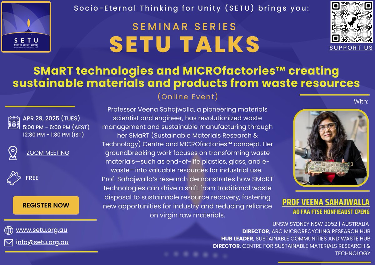 Veena Sahajwalla (@veenasahajwalla) on Twitter photo Delighted to be guest speaker for the next free seminar by SETU, a NFP of Australian Indians promoting business, innovation and bilateral ties. I'll talk about my vision for a #sustainable future and the importance of creating a #circulareconomy 
Details: smart.unsw.edu.au/news-events/ne… Delighted to be guest speaker for the next free seminar by SETU, a NFP of Australian Indians promoting business, innovation and bilateral ties. I'll talk about my vision for a #sustainable future and the importance of creating a #circulareconomy 
Details: smart.unsw.edu.au/news-events/ne…