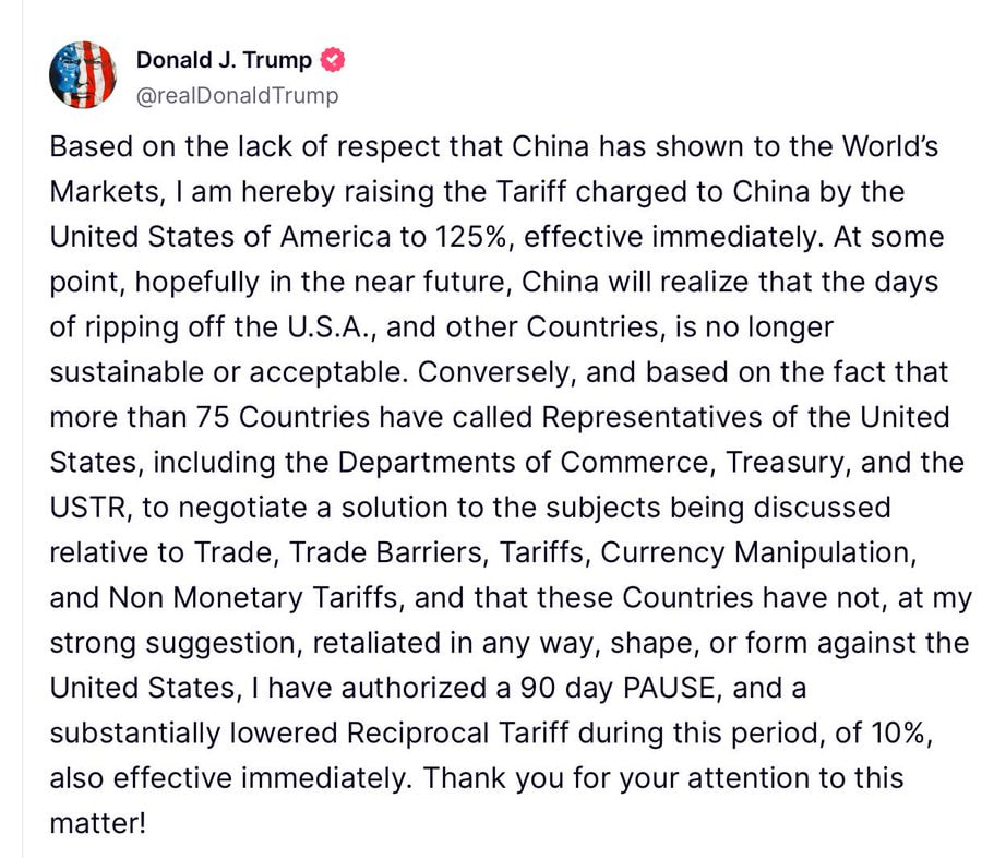 SaraHispania's tweet image. 🔴 ULTIMA HORA.

🇺🇸 ESTADOS UNIDOS.

💶💵💴 JUEGO DE TRONOS, edición 2025.

📢 El Presidente de EEUU Donald Trump anuncia una pausa de 90 días en los aranceles para todos los países - excepto China, cuyos aranceles se elevarán al 125%.
Justifica su pausa arancelaria de 90 días:…