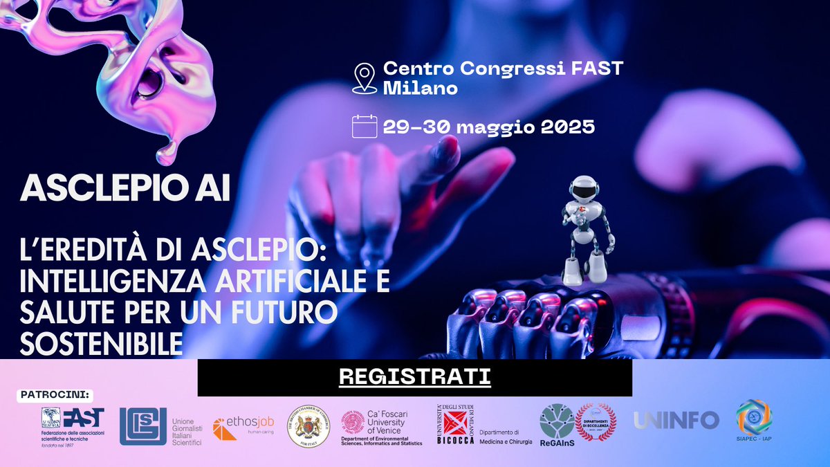 AsclepioAI (@asclepioai) on Twitter photo ๐ Sessioni ECM per medici
๐๏ธ Crediti formativi CFP per giornalisti
Scopri ๐๐ฌ๐๐ฅ๐๐ฉ๐ข๐จ๐๐, lโevento che esplora come ๐ค lโintelligenza artificiale stia trasformando la salute ๐, la ๐งฌ ricerca e la ๐ sostenibilitร .
#asclepioai
๐ ISCRIVITI: futurewjpqsdemdembatr.eventify.io/t2/tickets ๐ Sessioni ECM per medici
๐๏ธ Crediti formativi CFP per giornalisti
Scopri ๐๐ฌ๐๐ฅ๐๐ฉ๐ข๐จ๐๐, lโevento che esplora come ๐ค lโintelligenza artificiale stia trasformando la salute ๐, la ๐งฌ ricerca e la ๐ sostenibilitร .
#asclepioai
๐ ISCRIVITI: futurewjpqsdemdembatr.eventify.io/t2/tickets