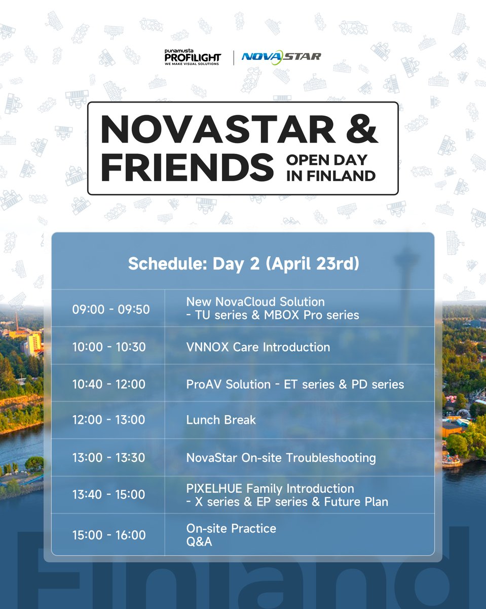 novastartech's tweet image. NovaStar &amp;amp; Friends Open Day: Finland
Check out the event schedule—what are you most excited about?
Don't miss out! We'll be there with PunaMusta Profilight Oy, ready to welcome you!

#novastar&amp;amp;friends #ledtechnology #event #futuretech #solutions #FinlandEvent #openday