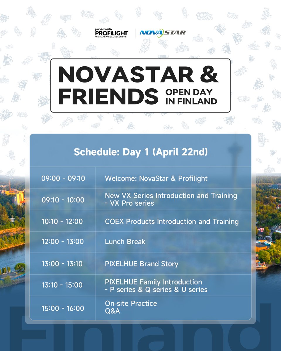 novastartech's tweet image. NovaStar &amp;amp; Friends Open Day: Finland
Check out the event schedule—what are you most excited about?
Don't miss out! We'll be there with PunaMusta Profilight Oy, ready to welcome you!

#novastar&amp;amp;friends #ledtechnology #event #futuretech #solutions #FinlandEvent #openday