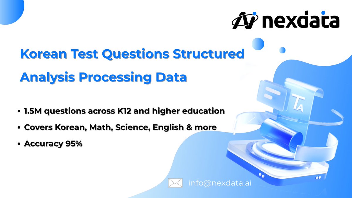 nexdata_ai's tweet photo. ๐ Korean Test Questions Structured Analysis Processing Data
Learn more: https://t.co/gHktQpazLT #AI #LLM #MachineLearning #GenAI #OTSData #SFT #K12 #TestQuestion #Nexdata https://t.co/R1mFwwUAaN