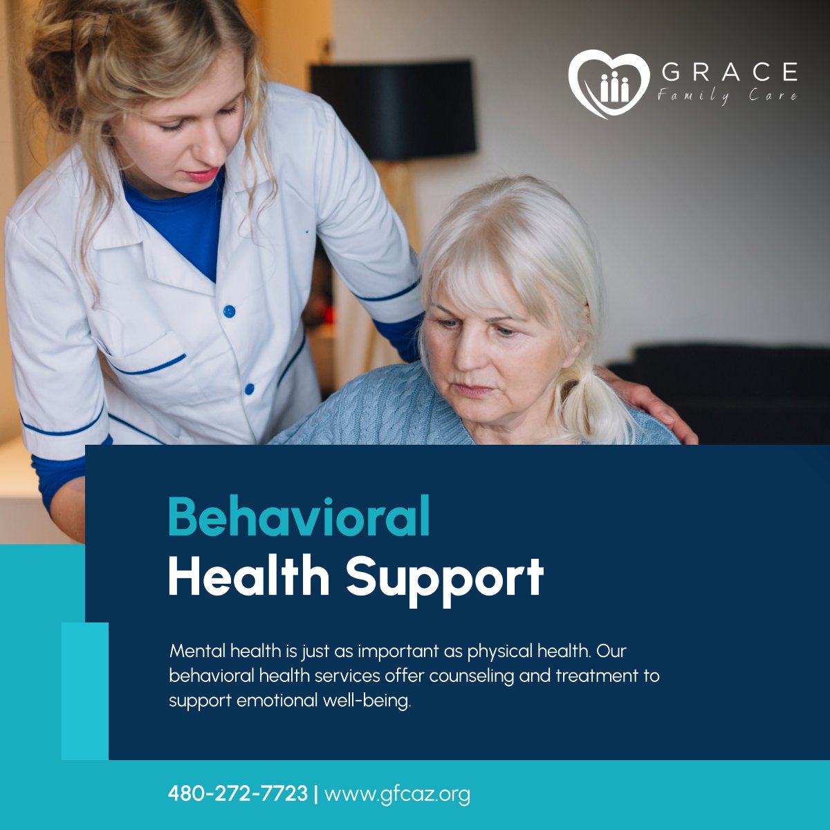GraceFCare's tweet photo. You are not alone in your mental health journey. We provide professional counseling and therapy, accepting Medicare, Optum, BCBS AZ, and more. Reach out today! 

#HealthcareServices #PhoenixAZ #MentalWellness https://t.co/VmgpPLXigr